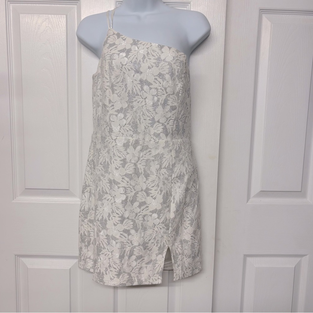 Lulus Off White Cream Lace One Shoulder Dress Silver Metallic Dress Sz M